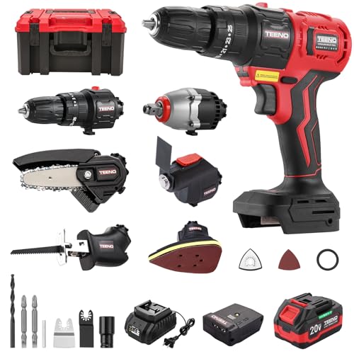 TEENO Brushless Power Tool Combo Kit, 6-in-1 Cordless Interchangeable Multi-Tool Set (Drill, Impact Wrench, Oscillating Tool, Reciprocating & Chain Saws, Sander), 3Ah Battery, USB Adapter & Hard Case - color: Red