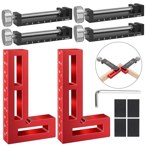 Go Fast Tools™ - Corner Clamps for Woodworking - Durable & Versatile 90 Degree Right Angle Clamps, Pack 2" x 4" Aluminum Positioning Squares with 4 C-Clamps for Cabinets, Frames, and Drawers