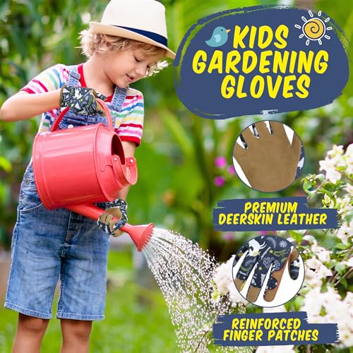 HANDLANDY Kids Leather Gardening Gloves, Kid Work Gloves, Blue, S - color: Blue (1 Pair), size: Small (Age 2-4)