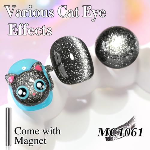 Double Rhythm Jelly Glass Cat Eye Gel Polish with Magnet 15ML Holographic Glitter Shimmer Translucent Sheer Color Magnetic Nail Polish Salon DIY at Home (Black Glitter-MC1061) - color: Black Glitter