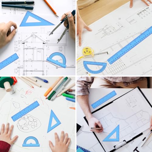 Plastic Clear Ruler Math Set, 6" | 12" Straight Ruler Protractor, 2 Protractors 180 Degree 2 Triangle Rulers 45 | 60 Degree 2 Straight Rulers Measuring Tool for School Office Home Supplie,Blue - color: Blue