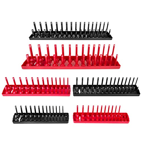 AIUITIO 6PCS Socket Organizer Tray Set, Red SAE & Black Metric Socket Storage Trays, 1/4-Inch, 3/8-Inch & 1/2-Inch Drive Deep and Shallow Socket Holders for Toolboxes - size: 170 Socket Capacity