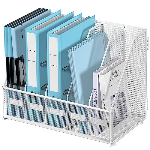 SUPEASY Desk Organizers Metal Desk Magazine File Holder with 5 Vertical Compartments Rack File Organizer for Office Desktop, Classroom, Home Workspace, White Plus - color: White, size: Large