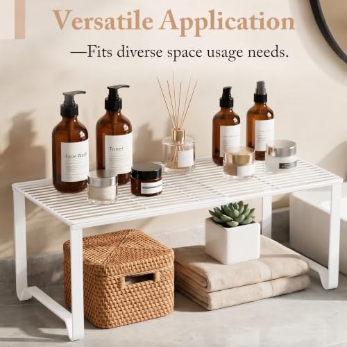 Extendable Metal Wire Shelf Organizer - Adjustable 15-24.4in Length, Stackable Storage Rack for Kitchen/Pantry/Bathroom/Shoe Cabinet/Tool Closet (1, White) - color: White, size: 1 Pack