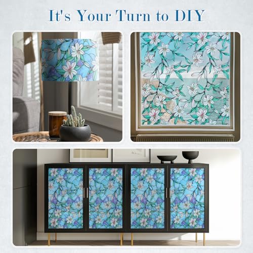 rabbitgoo Stained Glass Window Privacy Film, Blue Lily, 17.5" X 78.7" | Anti UV Heat Blocking Frosted Glass Static Cling Removable, for Bathroom, Bedroom, Living Room - color: Blue Lily, size: 17.5" x 78.7"