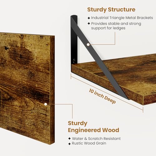 Acovy Deep Floating Shelves,55" Wx10 D Wood Wall Shelves Set of 2,Long Wood Floating Shelf with Metal Brackets,Floating Bookshelf for Living Room,Kitchen,Office,Bedroom,Decor Storage,Rustic Brown - color: Rustic Brown, size: 55"Wx10"D-2pcs