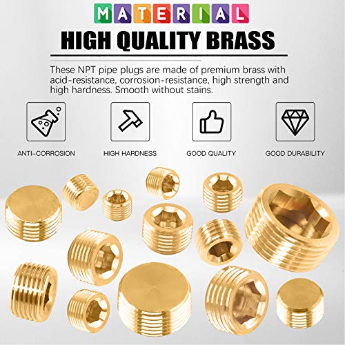 Glarks 30Pcs Brass 1/8'' 1/4'' 3/8'' 1/2'' 3/4'' NPT Male Pipe Plug Fitting Set Internal Hex Thread Socket Pipe Plug Assortment Kit - size: 1/8''-3/4''NPT Assorted