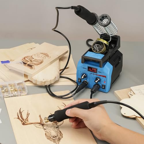 YIHUA 939D-II Pyrography Pen Wood Burning Kit Station 2-in-1 Solid-Point 200~480°C (with Temp Display)/Wire-Nib 250~750°C with 20 Nibs, Solid Points, 1 Stable Pen Holder, 2 Scrap Wood (Blue) - color: Blue