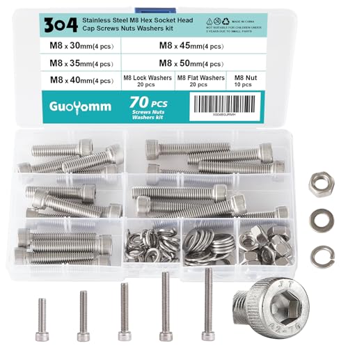 M8 x 30mm 35mm 40mm 45mm 50mm, Hex Socket Head Cap Screws Bolts Washers Nuts Assortment Kit, Stainless Steel 304, Metric Allen Drive, 70 PCS - size: Socket M8x30/35/40/45/50 mm