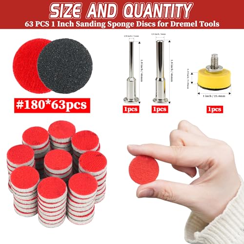 63 PCS 1 Inch Sanding Dremel Discs Hook and Loop Sandpaper 180 Grits | Wet Dry Sanding Pads with 1/8" 1/4" Shank Small Sanding Discs for Curved Surfaces Resin Wood Metal - style: 180 Grit