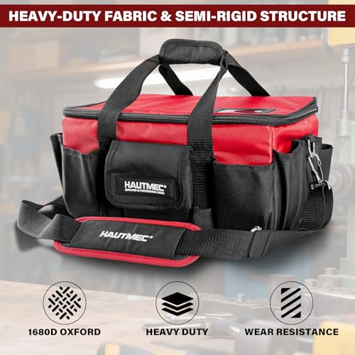 HAUTMEC 16-Inch Tool Bag, Heavy-Duty 1680D Tool Box with Padded Shoulder Strap, Double zipper, Trolley Sleeve, Wide Mouth Tool Case with Removable Divider for Quick Action - HT0401