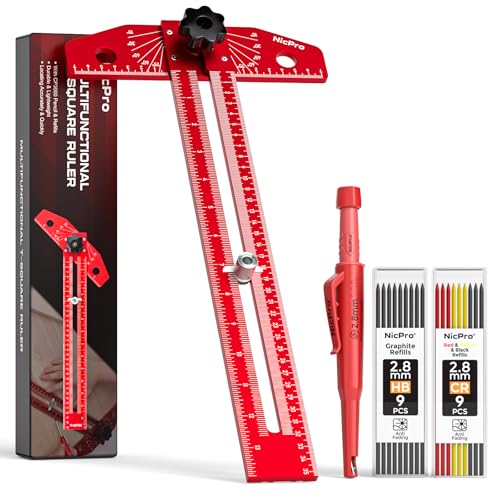 Nicpro Woodworking Scriber T Ruler with Pencil, Aluminum Alloy T Square