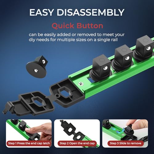 Reniteco Magnetic Socket Organizer, 3/8” Aluminum Alloy Rail, 14 Clips - color: Green, size: 3/8-inch Drive