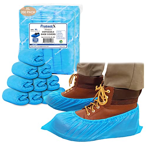 ProtectX Disposable Shoe & Boot Covers, XL Extra Large, 200-pack (100 pairs), Waterproof, Slip Resistant, Durable CPE plastic, Fits up to Men’s 14 US Size and All Women’s US Size Shoes - size: CPE X-Large 200PK