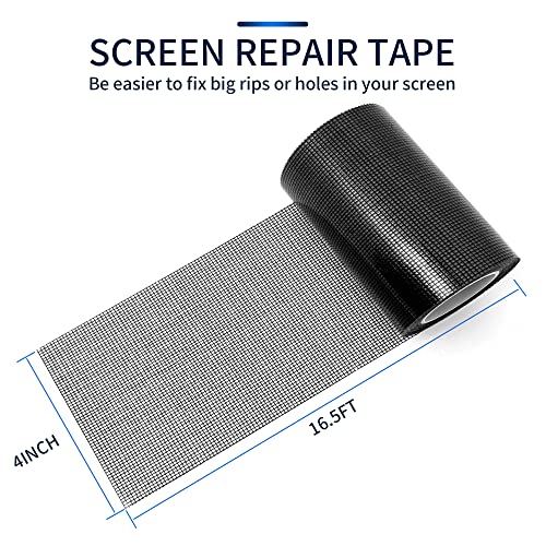SANKEMU Screen Repair Tape, Extra Wide 16FT, Black, Adhesive & Waterproof, Fiberglass, fix for Screen Door and Window Screen, (4 INCH X 16.5 FT) - size: 4 in X 16.5FT