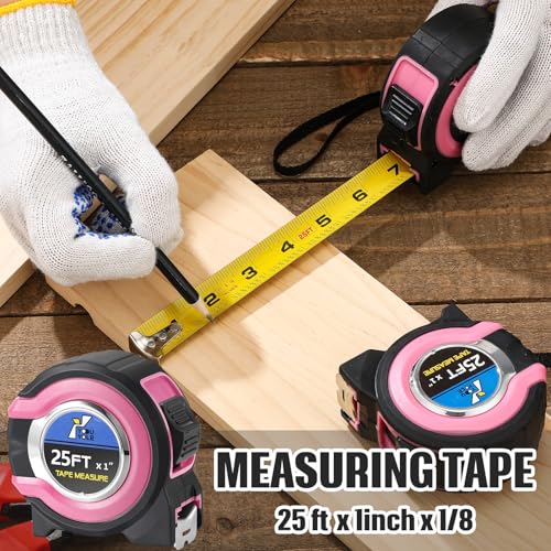 Youyole 10 Pack Tape Measure with Fractions 1/8 Steel Measuring Tape Retractable Easy Read Measurement Ruler Steel Power Blade (25 ft X 1 in,Pink) - color: Pink