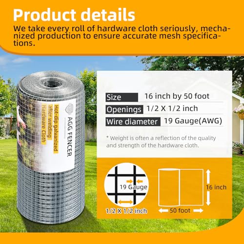 AggFencer 16inch x 50ft Hardware Cloth 1/2 inch Chicken Wire Fencing 19Ga - size: 1/2in 16in x 50ft