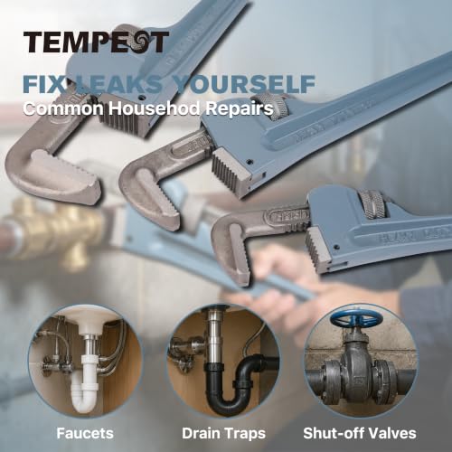 Tempest 3 Piece Pipe Wrench Set - 10", 14", 18" Professional Plumbing Tool Kit with Carbon Steel Jaw & Ductile Cast Iron Handle, Anti-Slip Teeth for Industrial, Automotive, and Home Repair