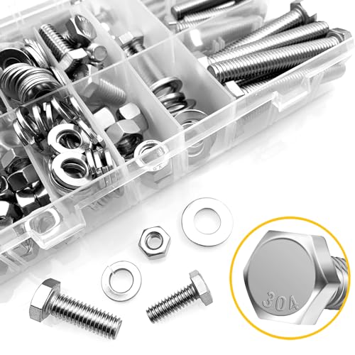 Mywish 254Pcs Nuts and Bolts, 1/4 20 5/16 18 3/8 16 Bolt, Heavy Duty 304 Stainless Steel Bolts and Nuts Kit with Flat Spring Washers, Includes 10 Common Sizes, Fully Threaded - size: 254 Pcs Mixed Size Kit - Silver