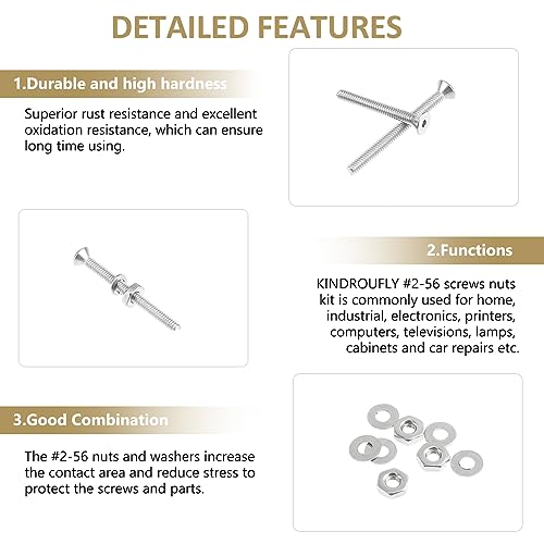 252 Pieces #2-56 x 3/16", 1/4", 5/16", 3/8", 1/2", 5/8", 3/4", 1", Countersunk Head Socket Cap Screws Nuts Washers Assortment Kit, 304 Stainless Steel, Fully Machine Thread - size: #2-56, style: Countersunk Head