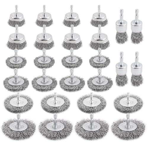Wire Brush Set 28 Pcs - Abrasive Wheel, Cup Brush, Coarse Crimped Carbon Steel Attachments for Drill with 1/4 Inch Hex Shank (28)
