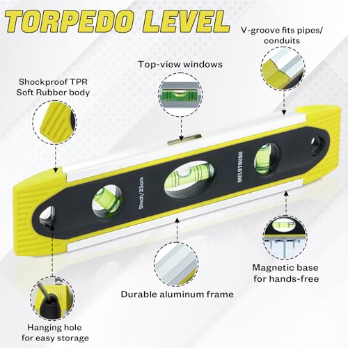 MELOTOUGH 9 Inch Torpedo Level Magnetic,Small Leveler Tool,Spirit Level with 45/90/180 Bubbles,V-Groove,Shock Resistant Leveler,Yellow(2PCS) - color: Yellow-2pcs