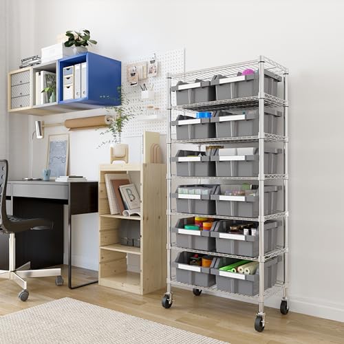 7-Tier NSF 12-Bin Steel Wire Shelving Rack, 25"W x 14"D x 56"H, Gray | 12 slide-out bins with tilt-lock design keep supplies organized and accessible - color: Gray, size: Includes 12 Bins