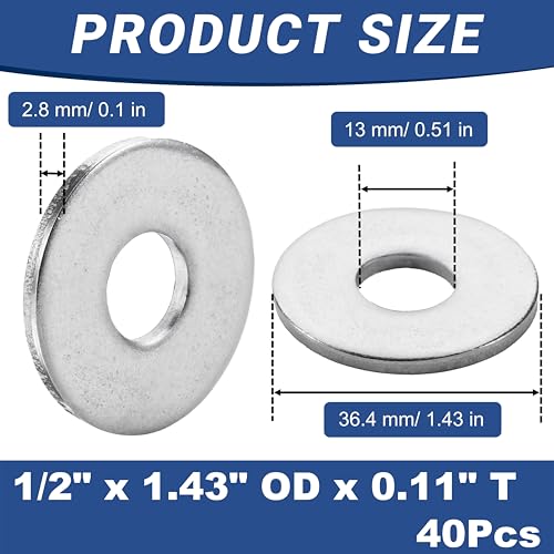 20 Pcs 1/2" Fender Washers Stainless,1/2" ID x1.43 OD x 0.1" Thick - size: 1/2" x 1.43"OD x 0.1"T