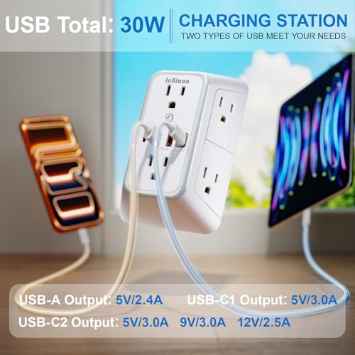 JcBlaon Surge Protector Outlet Extender 6 Outlet Extender with 4 USB Ports (PD 30W), 3 Sided 1050J Multi Plug Wall Adapter Power Strip for Home Travel Office Essentials-ETL - color: White PD30W 1PC