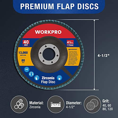 WORKPRO 10-Pack Zirconia Flap Discs, 4-1/2" x 7/8", T29 | Includes 40/60/80/120 Grits, Zirconia Abrasive Flap Sanding Discs for Angle Grinders - style: Multi Grit
