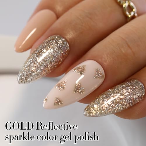 Double Rhythm 15ML Glitter Gel Polish Shimmer Reflective Holographic Color Magnetic for Nail Art Salon DIY at Home (B1117) - color: Gold