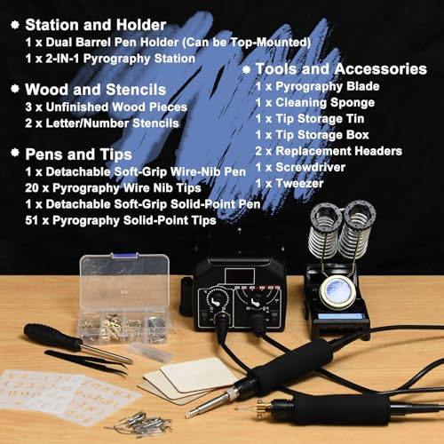 2-in-1 Wood Burning Kit, 88-in-1 Pyrography Wood Burner with 51 Solid Tips, 20 Wire Nibs, Letter & Number Stencils, Unfinished Wood Pieces, Pen Holder, Ideal for Pyrography, DIY Crafts & Gifts