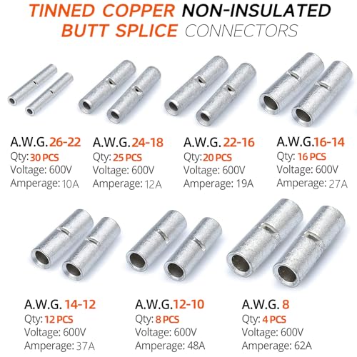 SVAAR 115 PCS 26-8 AWG Non-Insulated Butt Connectors Crimp Repair Butt Splices Kit, Uninsulated Butt Splice Connectors for 26 to 8 Gauge Wire, Marine Grade Tinned Copper Seamless Barrel Butt Terminals - color: Non-Insulated Splice - Tinned Copper