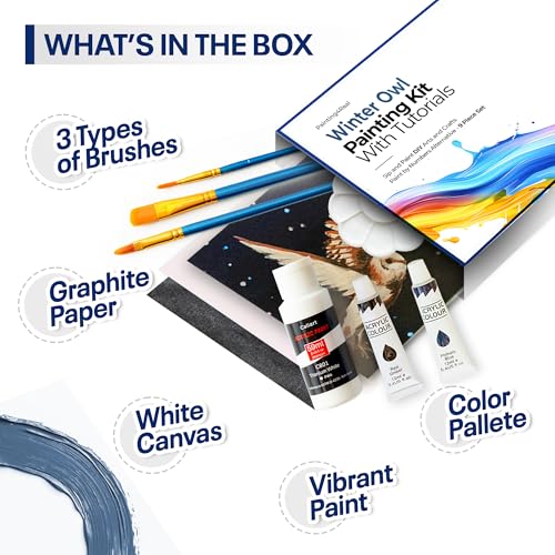 Painting4Real Acrylic Art Painting Kit with Video Tutorials - How to Paint with Acrylic Paint Set for Adults, Learn to Paint Winter Owl - 9 Peices Painting Set for Adults, Beginners, Art Lovers - color: Winter Owl
