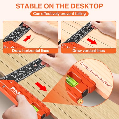 Preciva 12" Aluminum Carpenter Square (1/16" Scale)- Multifunctional Right Angle Ruler with Level Bubble - Angle Guides for Woodworking, Framing & DIY