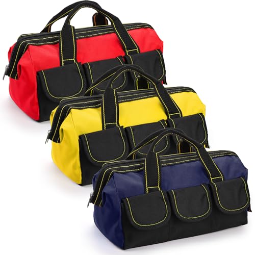 3 Pack Tool Bag, Wide Mouth Tool Tote Bag with Waterproof Base, Heavy Duty Tool Storage Bag Organizer for Various Tools, 5 Pockets, Blue, Yellow, Red, 12 Inch