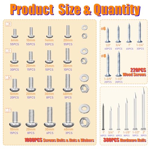 Dianrui 1680 PCS Nails and Screws Assortment Kit & Screw Bolts and Nuts, M3/M4/M5/M6 Machine Screws, Small Nails for Picture Hanging, #6#8 Drywall Screw Set for DIY Repair Project Length 1/2" to 2" - color: Silver, size: 1680PCS