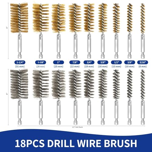 18Pcs Bore Brush for Drill,Stainless Steel Wire Wire Brush Drill Attachments with 1/4" Hex Shank for Cleaning Rust Engine Pipe Metal
