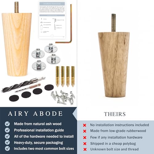 Airy Abode Premium Ash Wood Furniture Legs (Full Install Kit) - Pick Your Size and Color - color: Ash, size: 10 Inches