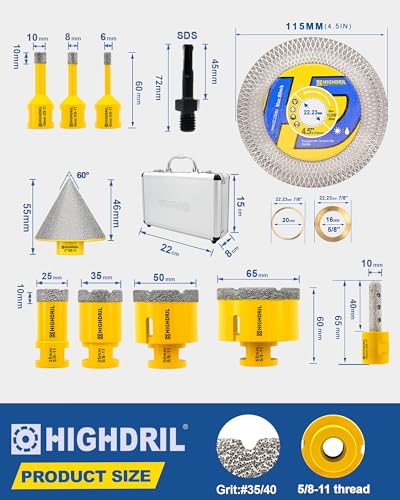 HIGHDRIL 11Pcs Diamond Hole Saw Kit - 1/4", 5/16", 3/8", 1", 1-3/8", 2", 2-1/2" Drill Bits with 3/8" Finger Bit, 2" Chamfer Bit, SDS Plus Adapter & 1 pcs 4.5-inch Saw Blade for Tile/Ceramic/Marble - size: Kit 5 Thread