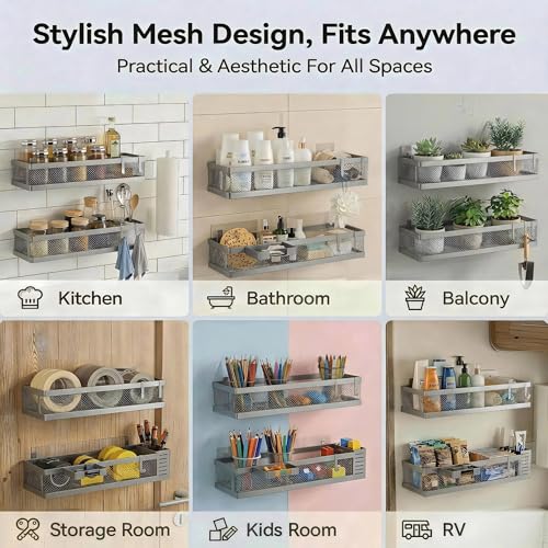 PUSDON 5-in-1 16.5" Extra Long Slim Wall Mount Wrapped Mesh Kitchen Organizer & Shower Caddy Kit, with Paper Towel Holder, Utensil Holder, Soap Dish, Holds 50LBS - Silver Gray, Netting - color: Silver Grey, size: 5-in-1 Full Mesh (16.5" Extra Long)