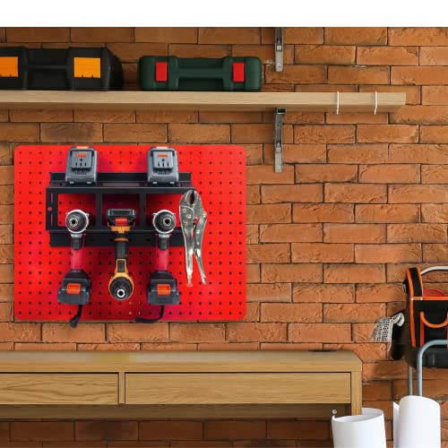 Heavy Duty Pegboard Drill Holder, 3 Drill Storage Rack with Hooks & Pegs