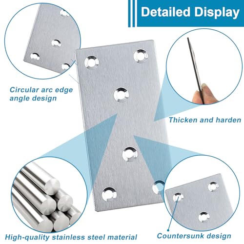 50 Pack 4X2 Inch Silver Mending Plates Stainless Steel Joining Brackets - size: Silver,4“x2"