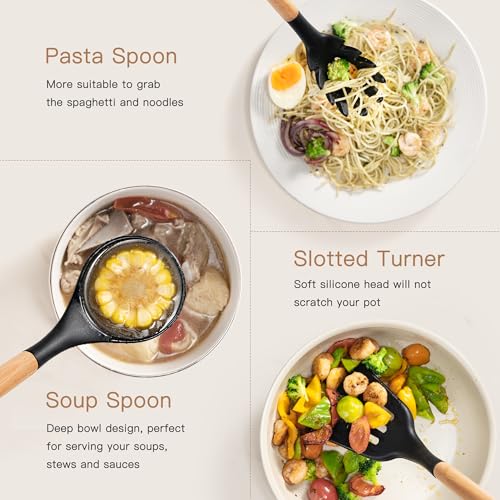 Astercook 39 PCS Kitchen Utensils Set, Silicone Cooking Utensil Sets with Wooden Handle, 446°F Heat Resistant Food Grade Spatula Set, BPA Free Kitchen Gadgets Tools Set & Spoons for Nonstick Cookware - color: Black