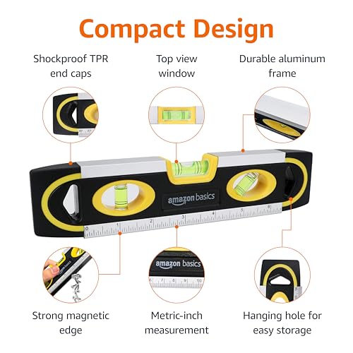Amazon Basics 9-Inch Magnetic Torpedo Level and Ruler, Easy to Use, 180/90/45 Degree Bubbles, Lightweight, Black