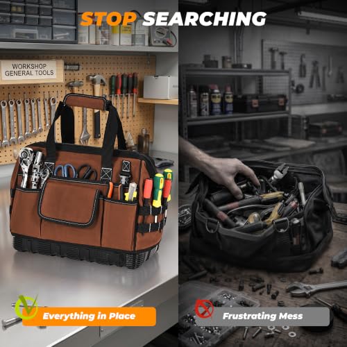 Heavy Duty Canvas Tool Bag, Wide Mouth Tool Tote Organizer - color: Brown