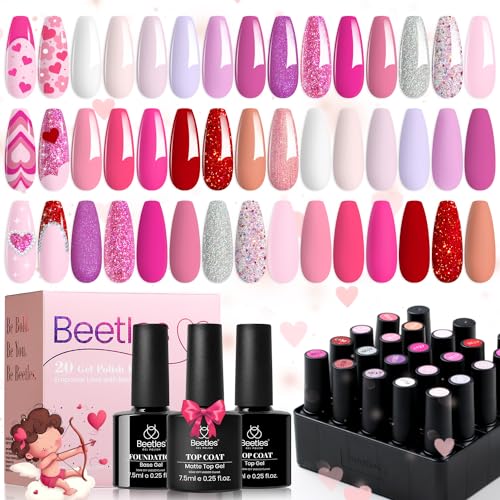 Beetles Pink Gel Polish Set, Hot Pink Alluring Sweetie Collection | 20 Colors Nude Purple Sliver Sparkly Red Uv Gel Manicure Kit, Base Glossy and Glitter Top Coat Gifts for Women - color: 0-0 Alluring Sweetie