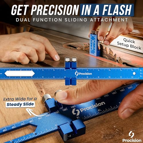 ELEON Precision Woodworking Ruler, Set of 3 (12, 8, 6 Inch) - Precise Woodworking Pocket Tool with Extra Wide 2" Sliding Attachment - Slide T-Square Scribing Kit Plus Mechanical Pencil - Aluminium