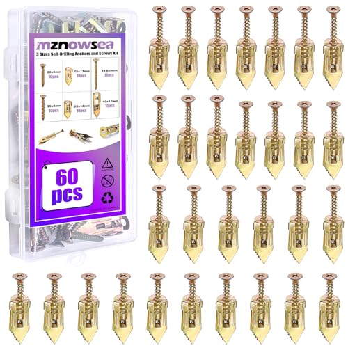 60 Pcs Self Drilling Drywall Anchors Kit, 3 Sizes, No Drill, Holds Up to 50 lbs, for Gypsum Wallboard, Drywall, Wall Lights, Picture Frames, Curtains, Clocks
