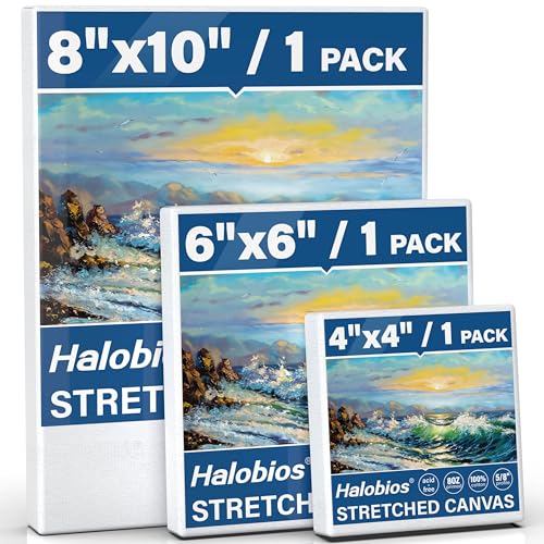 Halobios Stretched Canvases for Painting with 4x4 Inch, 6x6 Inch, 8x10 Inch, 3 Packs Pinting Blank Canvases for Acrylics,Oils & Other Painting Media, 5/8 Inch Profile 100% Cotton Artist Framed Canvas - size: 3 Pack Mixed - 8×10IN 6×6IN 4×4IN